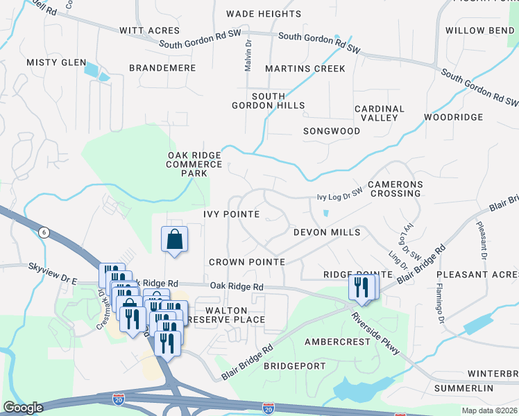 map of restaurants, bars, coffee shops, grocery stores, and more near 6712 Ivy Log Drive Southwest in Austell