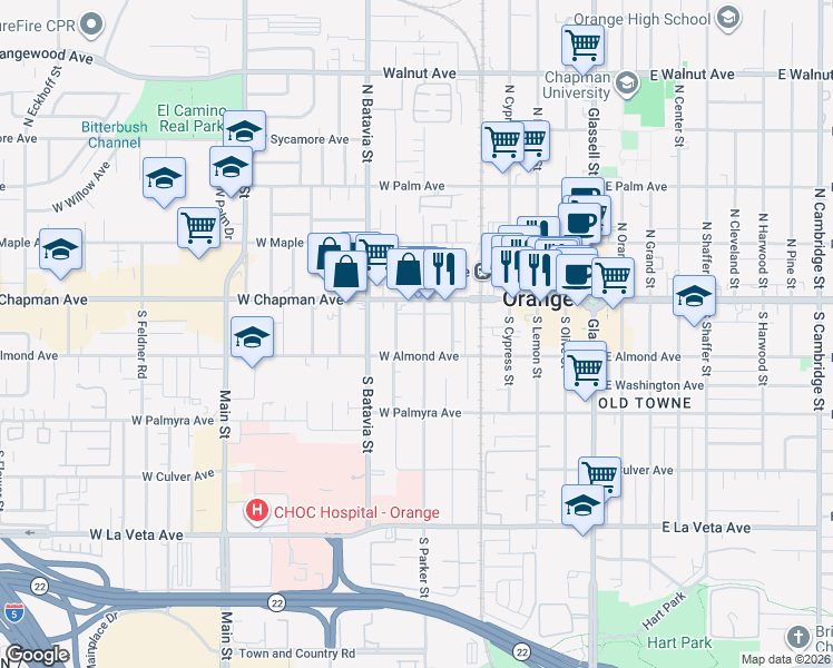 map of restaurants, bars, coffee shops, grocery stores, and more near 129 South Parker Street in Orange