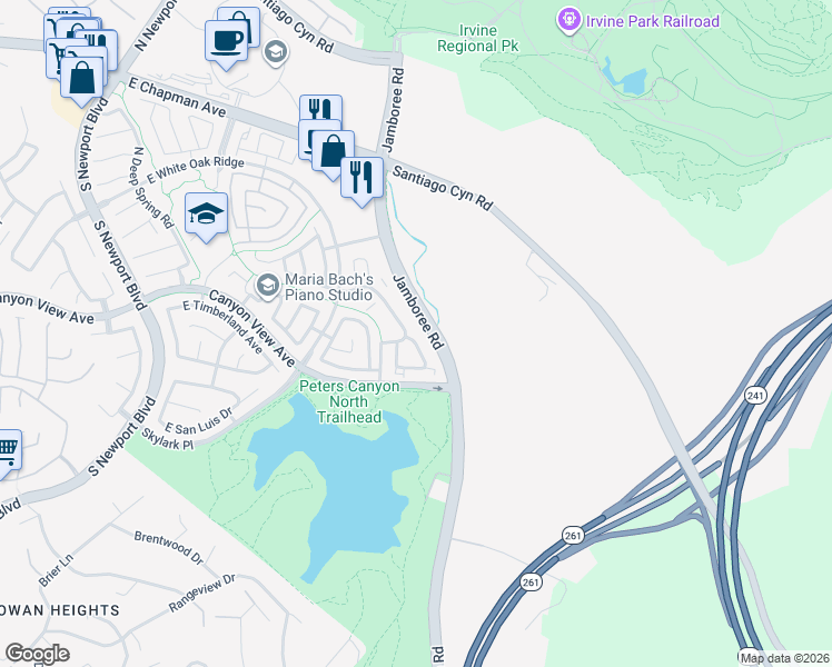 map of restaurants, bars, coffee shops, grocery stores, and more near 181 South Cross Creek Road in Orange