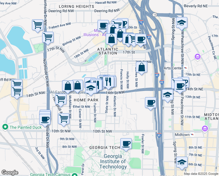 map of restaurants, bars, coffee shops, grocery stores, and more near 1171 State Street Northwest in Atlanta