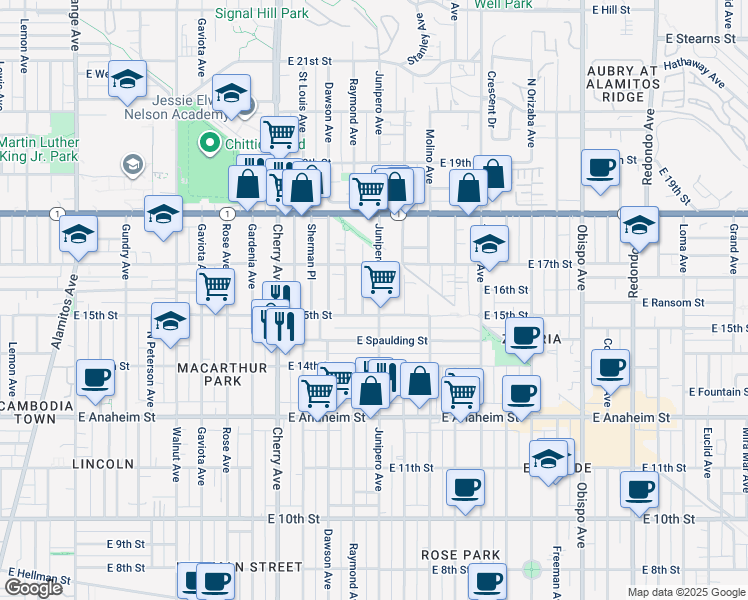 map of restaurants, bars, coffee shops, grocery stores, and more near 1521 Junipero Avenue in Long Beach