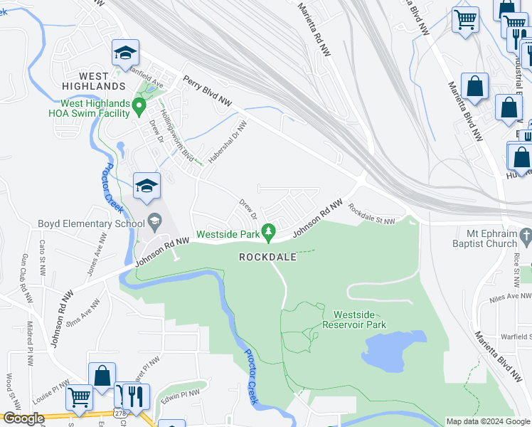 map of restaurants, bars, coffee shops, grocery stores, and more near 1478 Pinedale Crest Northwest in Atlanta