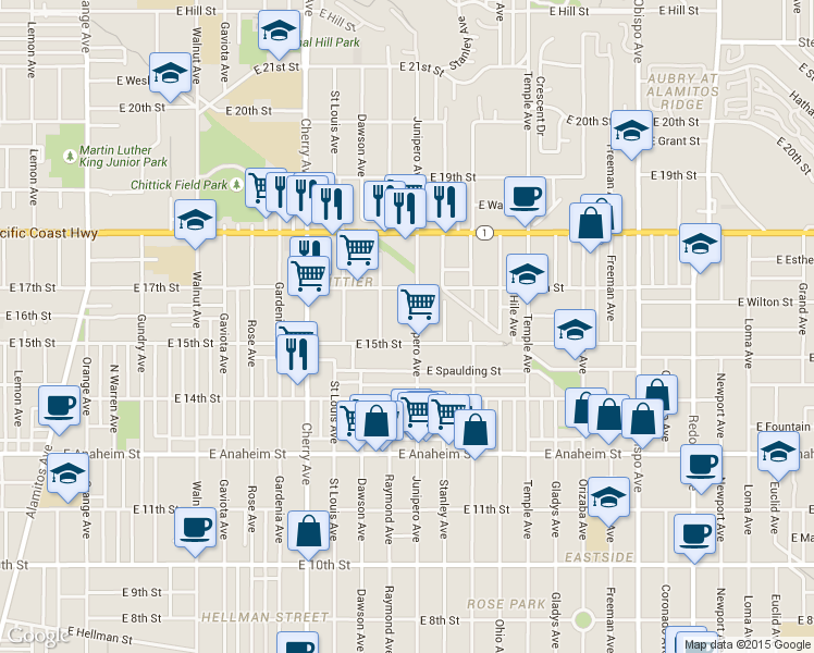 map of restaurants, bars, coffee shops, grocery stores, and more near 1521 Junipero Avenue in Long Beach