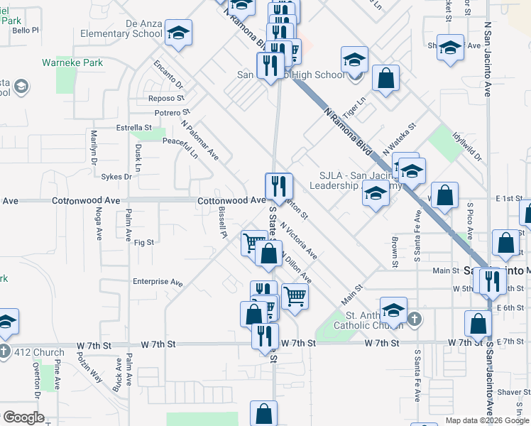 map of restaurants, bars, coffee shops, grocery stores, and more near Camino Grande in San Jacinto