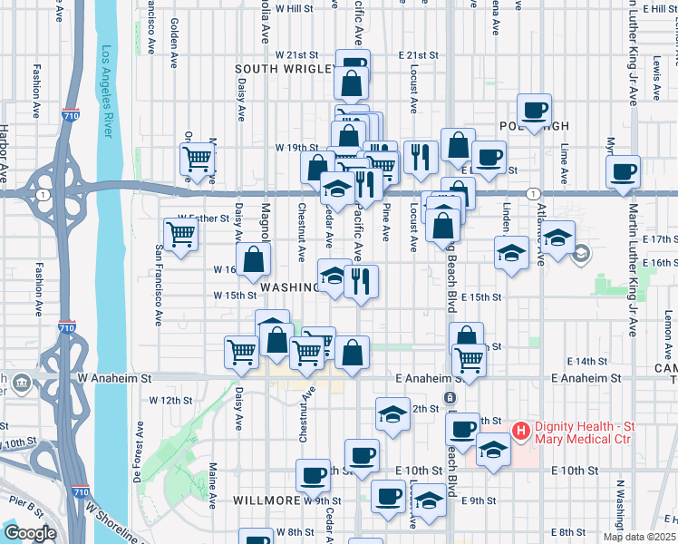 map of restaurants, bars, coffee shops, grocery stores, and more near in Long Beach