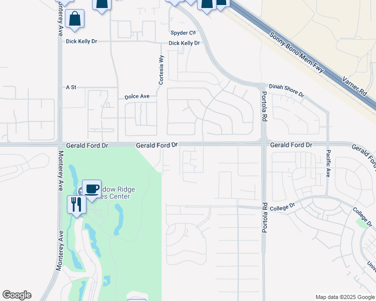 map of restaurants, bars, coffee shops, grocery stores, and more near 73700 Gerald Ford Drive in Palm Desert