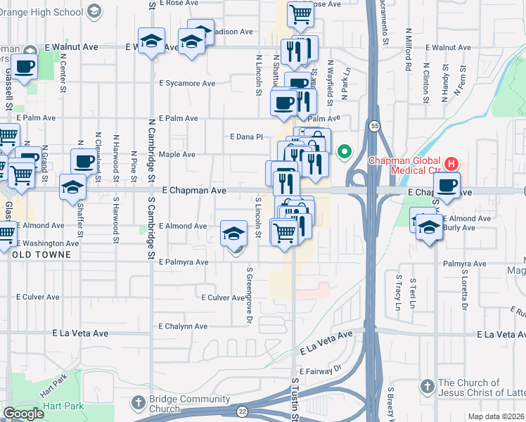 map of restaurants, bars, coffee shops, grocery stores, and more near 155 South Lincoln Street in Orange