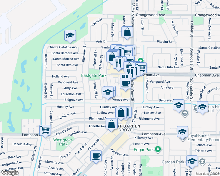 map of restaurants, bars, coffee shops, grocery stores, and more near 12122 Bailey Street in Garden Grove