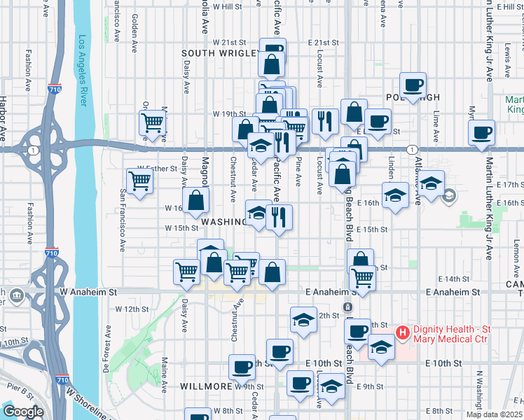 map of restaurants, bars, coffee shops, grocery stores, and more near 1526 Cedar Avenue in Long Beach