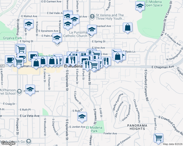 map of restaurants, bars, coffee shops, grocery stores, and more near 159 South Hewes Street in Orange