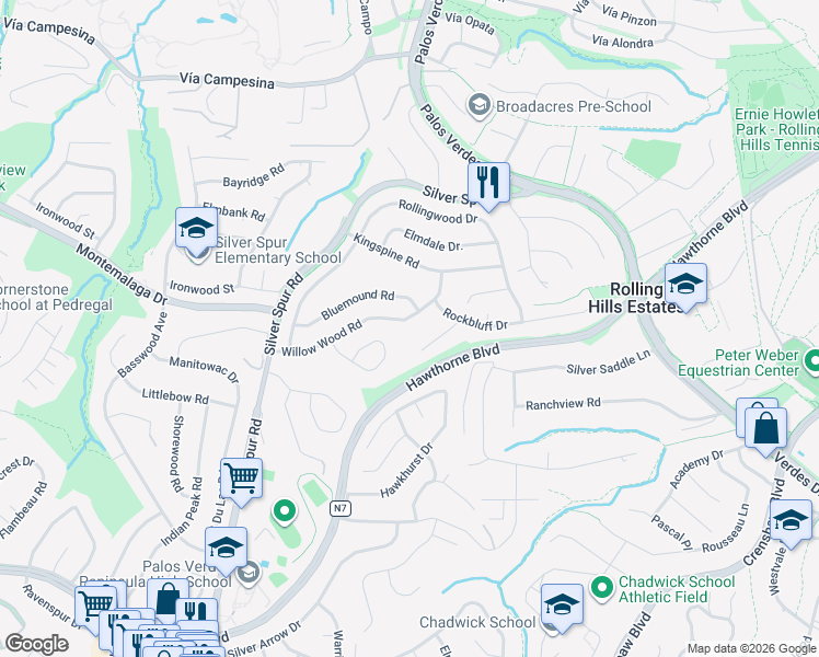map of restaurants, bars, coffee shops, grocery stores, and more near 5118 Willow Wood Road in Rolling Hills Estates