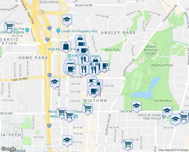 map of restaurants, bars, coffee shops, grocery stores, and more near 1175 Peachtree Street Northeast in Atlanta