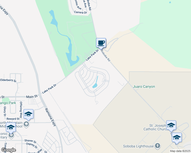 map of restaurants, bars, coffee shops, grocery stores, and more near 2230 Lake Park Drive in San Jacinto