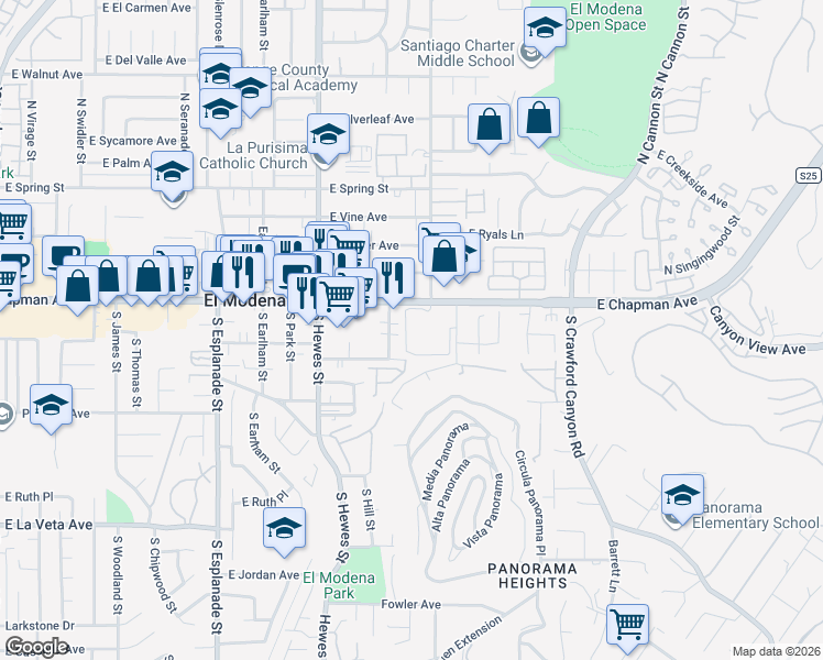 map of restaurants, bars, coffee shops, grocery stores, and more near 4750 E Chapman Ave in Orange