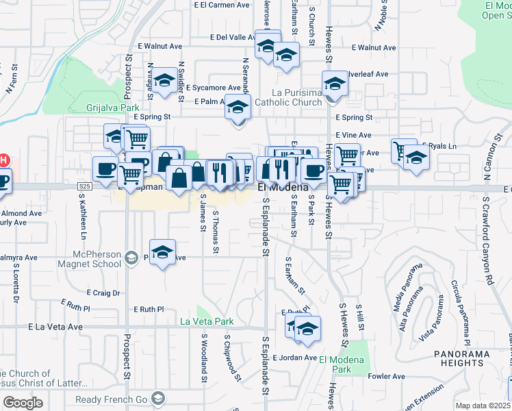 map of restaurants, bars, coffee shops, grocery stores, and more near in Orange