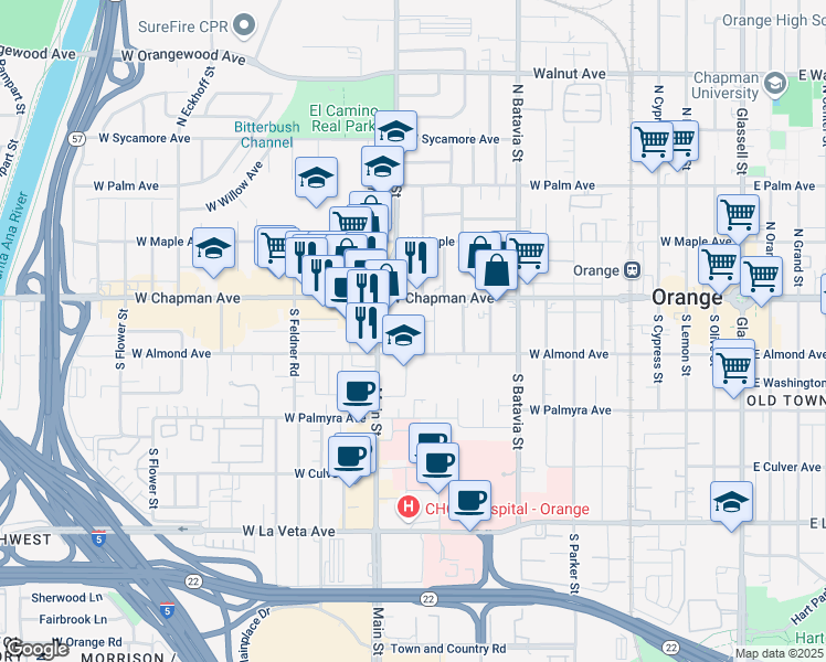 map of restaurants, bars, coffee shops, grocery stores, and more near 1234 West Chapman Avenue in Orange
