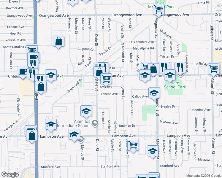map of restaurants, bars, coffee shops, grocery stores, and more near 8581 Amy Avenue in Garden Grove