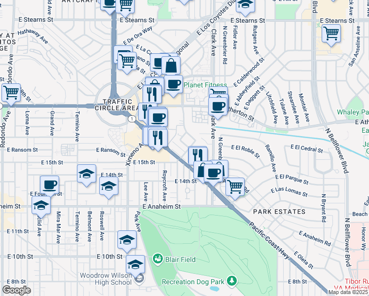 map of restaurants, bars, coffee shops, grocery stores, and more near 1611 Gish Avenue in Long Beach
