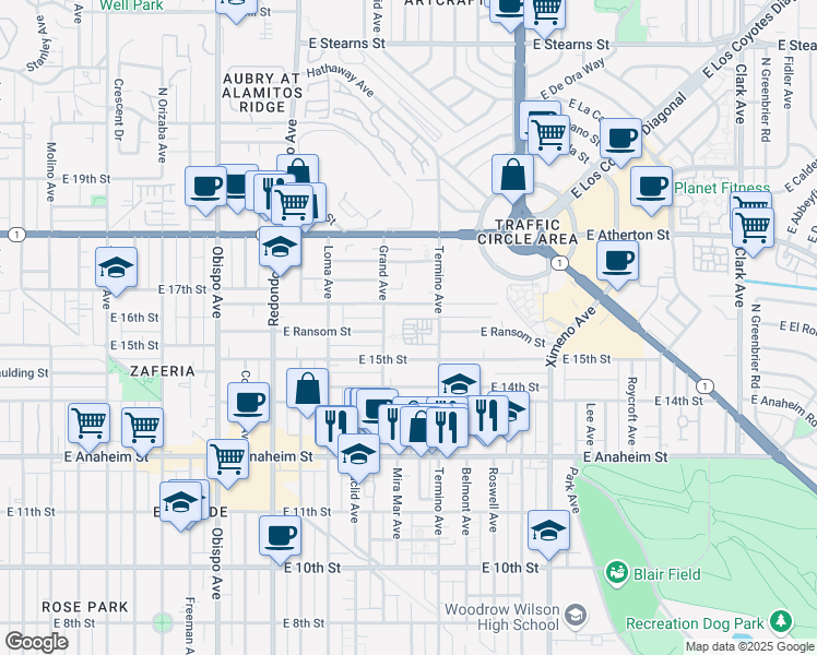 map of restaurants, bars, coffee shops, grocery stores, and more near 3822 East Wilton Street in Long Beach