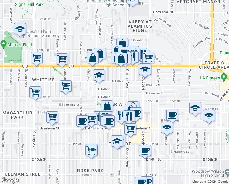 map of restaurants, bars, coffee shops, grocery stores, and more near 1612 North Orizaba Avenue in Long Beach