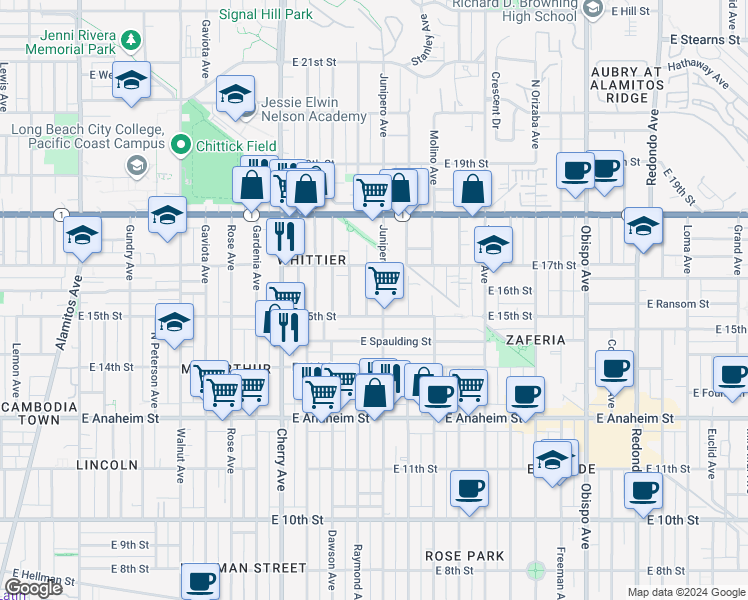 map of restaurants, bars, coffee shops, grocery stores, and more near 1625 Junipero Avenue in Long Beach