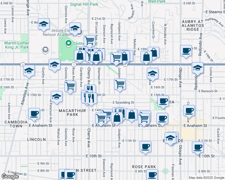 map of restaurants, bars, coffee shops, grocery stores, and more near 1625 Junipero Avenue in Long Beach