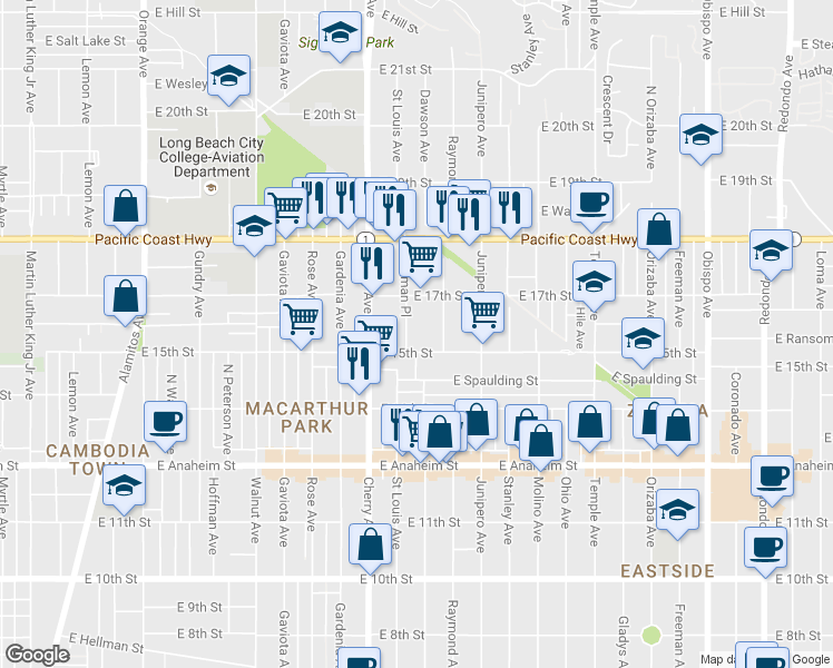 map of restaurants, bars, coffee shops, grocery stores, and more near 1624 Sherman Place in Long Beach