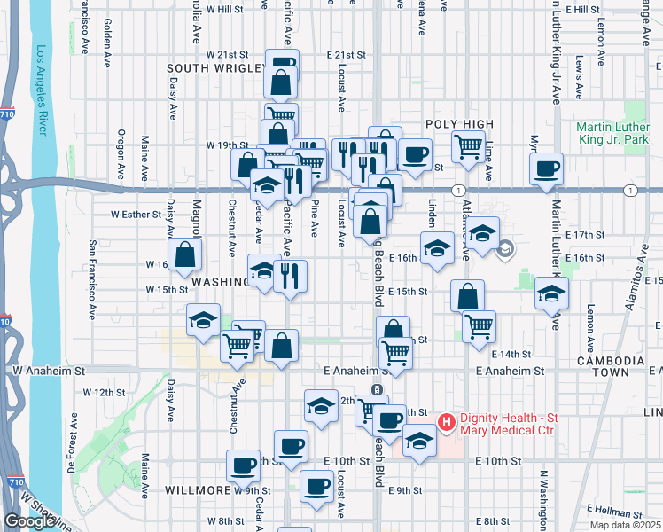 map of restaurants, bars, coffee shops, grocery stores, and more near 1604 Locust Avenue in Long Beach