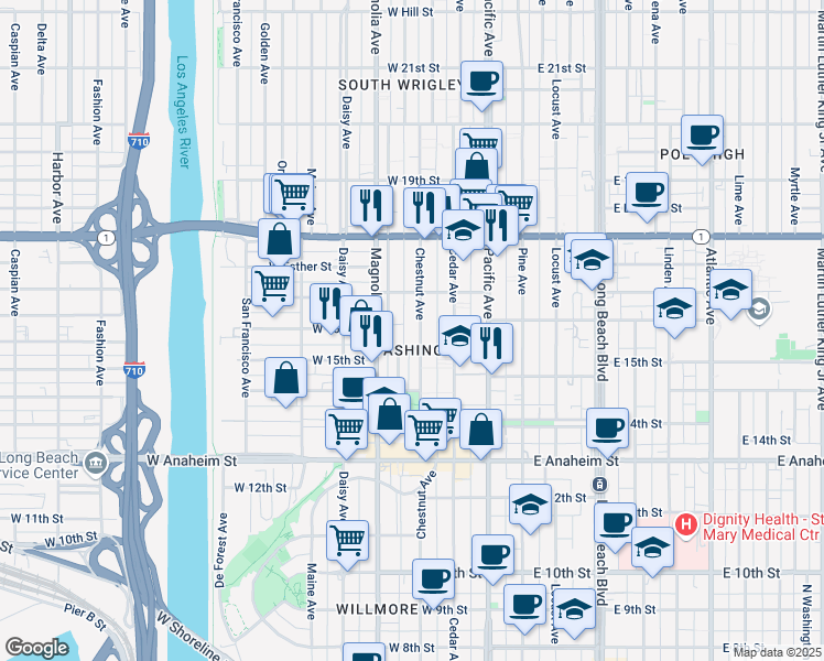 map of restaurants, bars, coffee shops, grocery stores, and more near 1629 Chestnut Avenue in Long Beach