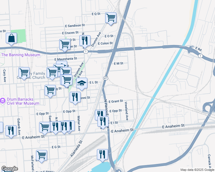 map of restaurants, bars, coffee shops, grocery stores, and more near 1112-1208 Highway 47 in Los Angeles