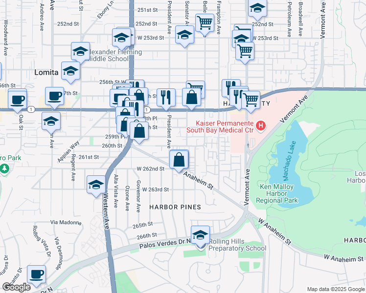 map of restaurants, bars, coffee shops, grocery stores, and more near 25914 President Avenue in Los Angeles
