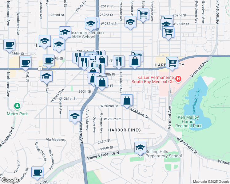 map of restaurants, bars, coffee shops, grocery stores, and more near 1618 259th Place in Los Angeles