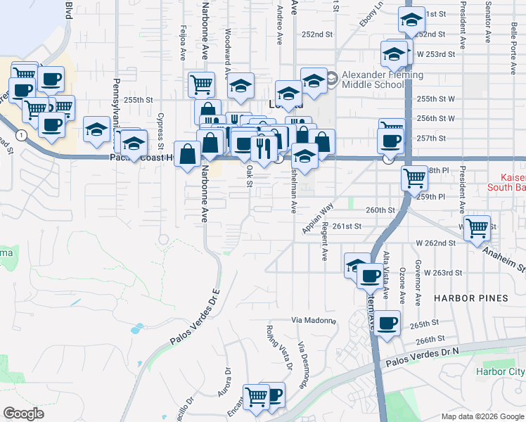 map of restaurants, bars, coffee shops, grocery stores, and more near 25900 Oak Street in Lomita