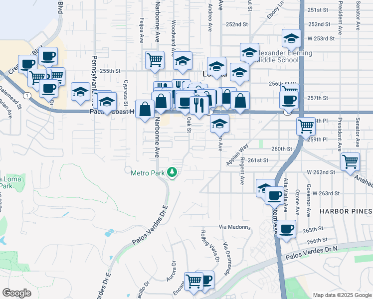 map of restaurants, bars, coffee shops, grocery stores, and more near 25900 Oak Street in Lomita