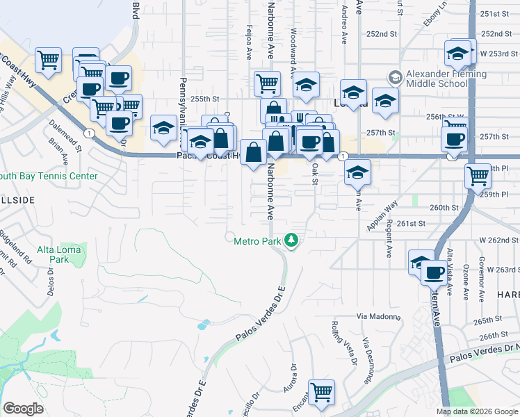 map of restaurants, bars, coffee shops, grocery stores, and more near 25917 Narbonne Avenue in Lomita