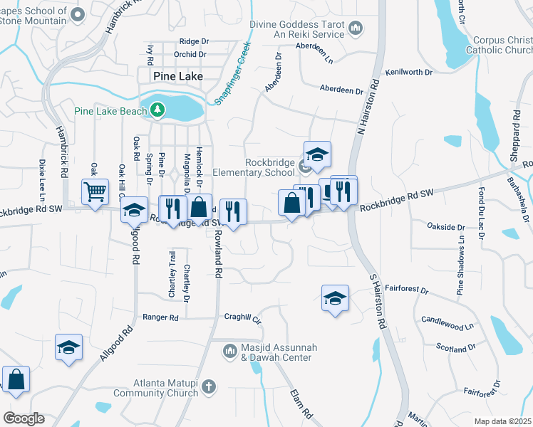 map of restaurants, bars, coffee shops, grocery stores, and more near 419 Thomas Jefferson Drive in Stone Mountain