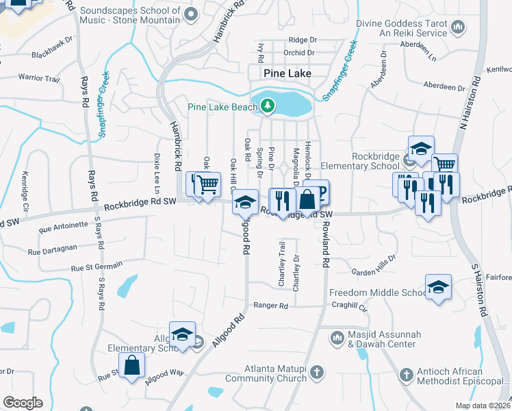 map of restaurants, bars, coffee shops, grocery stores, and more near 4534 Poplar Road in Pine Lake