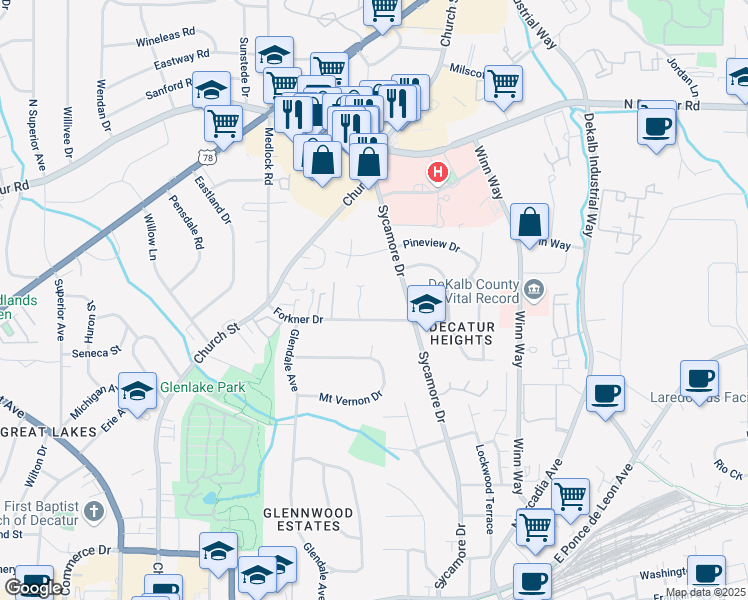 map of restaurants, bars, coffee shops, grocery stores, and more near 936 Sycamore Drive in Decatur
