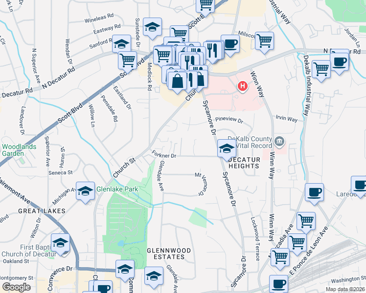 map of restaurants, bars, coffee shops, grocery stores, and more near 419 South Pineview Court in Decatur