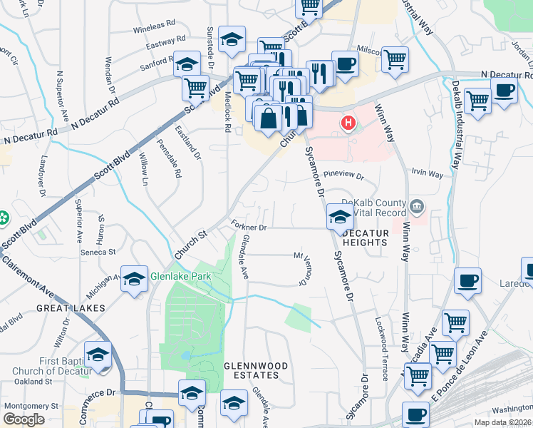 map of restaurants, bars, coffee shops, grocery stores, and more near 21 Old Decatur Circle in Decatur