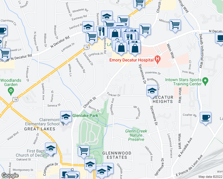 map of restaurants, bars, coffee shops, grocery stores, and more near 1335 Church Street in Decatur
