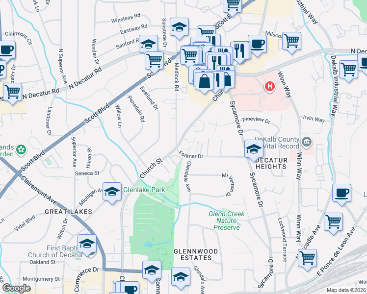 map of restaurants, bars, coffee shops, grocery stores, and more near 1335 Church Street in Decatur