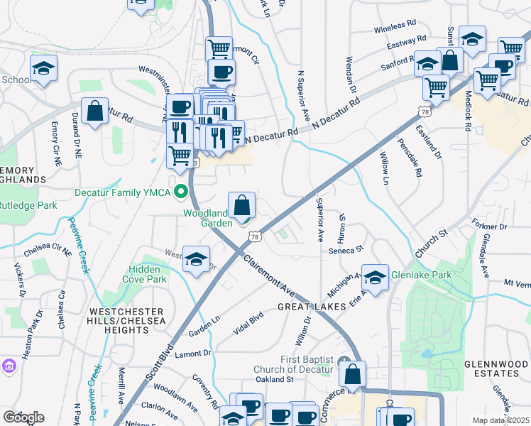 map of restaurants, bars, coffee shops, grocery stores, and more near 311 Scott Boulevard in Decatur