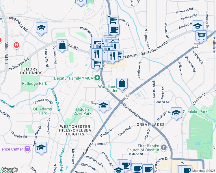 map of restaurants, bars, coffee shops, grocery stores, and more near 1115 Clairemont Avenue in Decatur