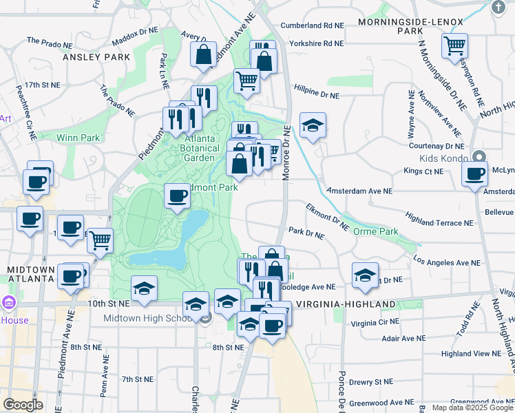 map of restaurants, bars, coffee shops, grocery stores, and more near 555 Orme Circle Northeast in Atlanta
