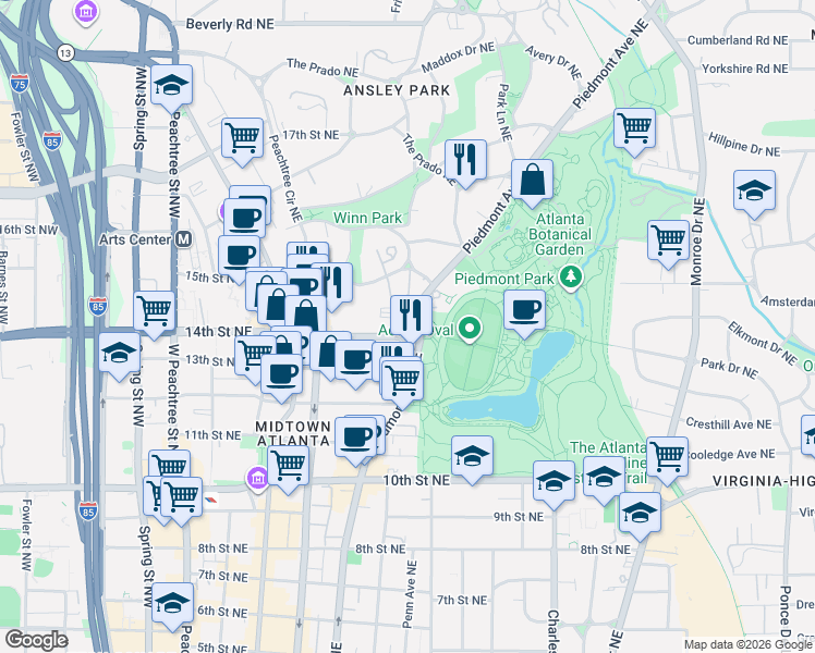 map of restaurants, bars, coffee shops, grocery stores, and more near 1198 Piedmont Avenue Northeast in Atlanta