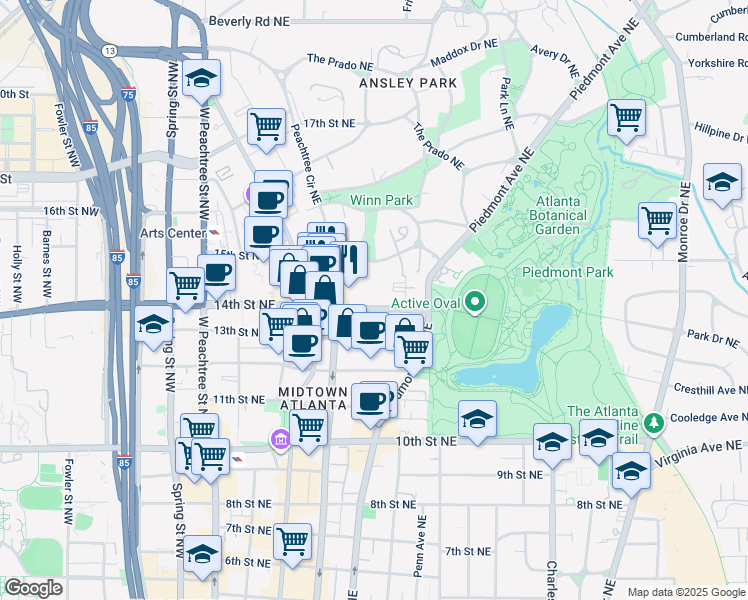 map of restaurants, bars, coffee shops, grocery stores, and more near in Atlanta