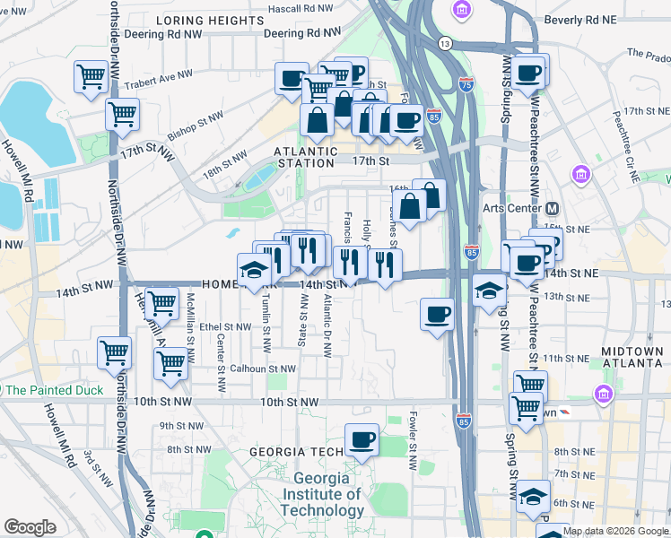 map of restaurants, bars, coffee shops, grocery stores, and more near 1169 Atlantic Drive Northwest in Atlanta