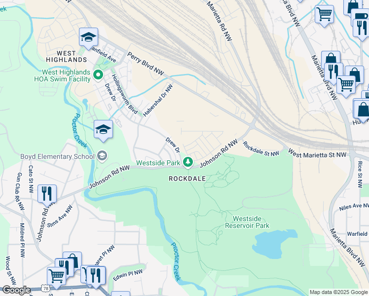 map of restaurants, bars, coffee shops, grocery stores, and more near 1478 Pinedale Crest Northwest in Atlanta