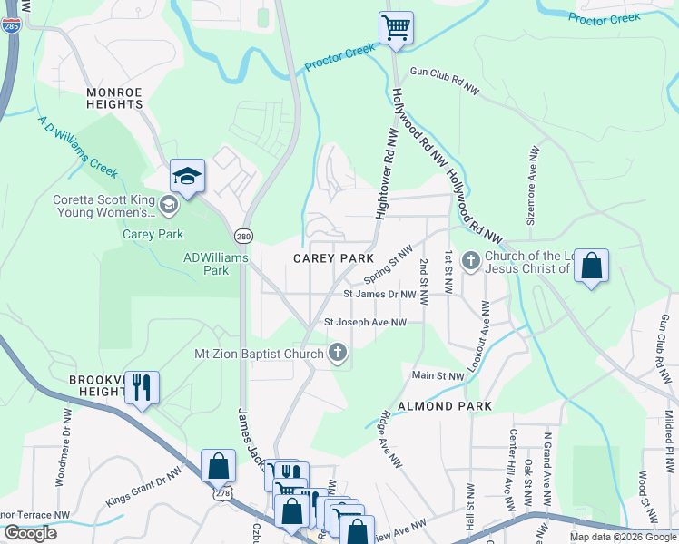 map of restaurants, bars, coffee shops, grocery stores, and more near 1185 6th Street Northwest in Atlanta